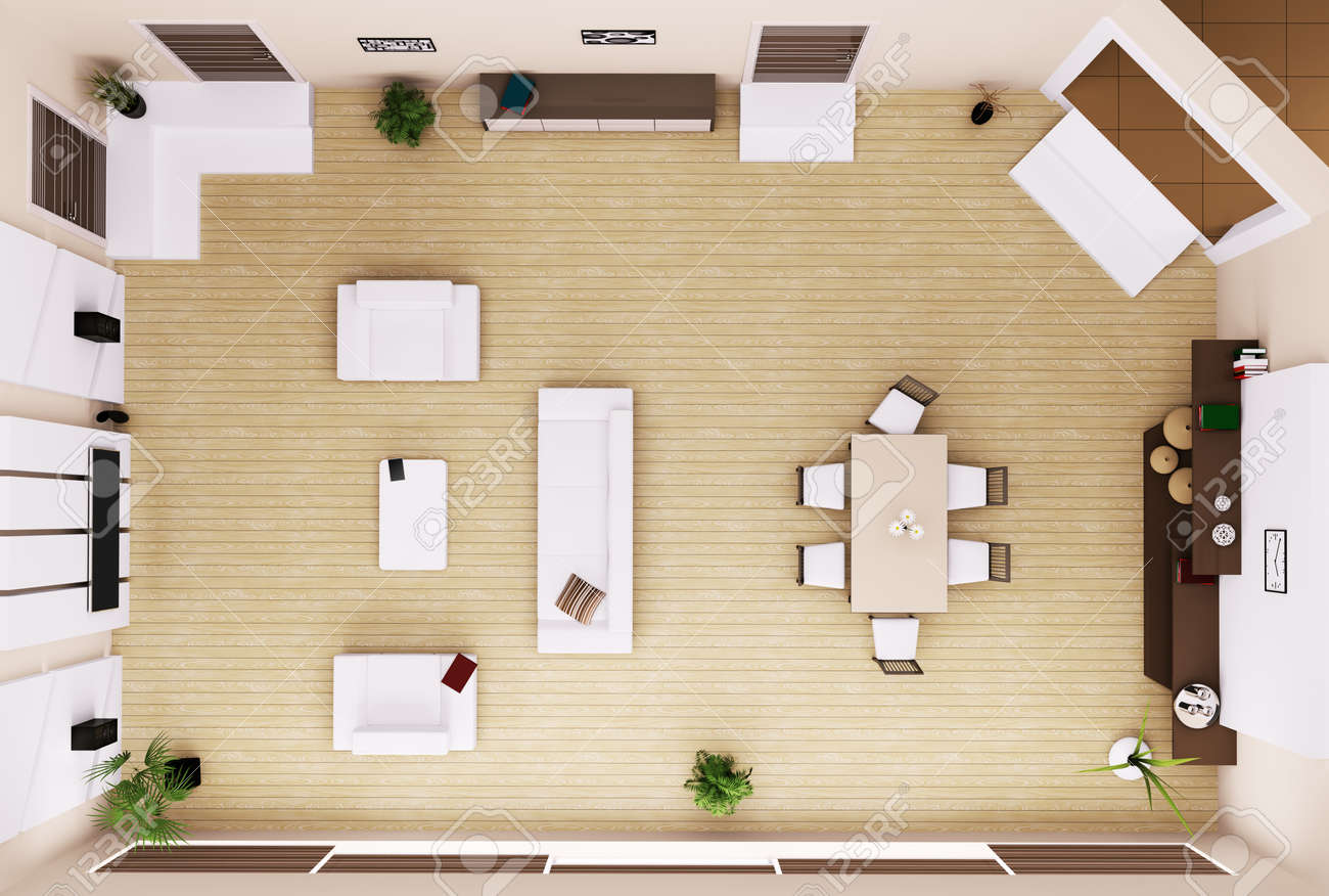 Bovenaanzicht van moderne woonkamer interieur 3d render royalty ...