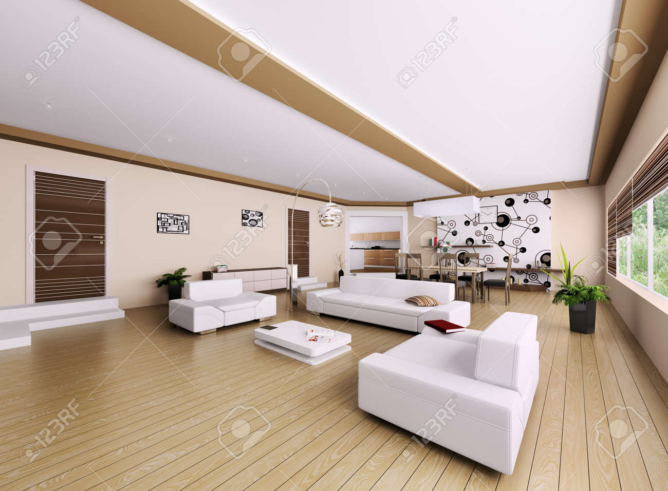Interieur van de moderne appartement, woonkamer 3d render royalty ...