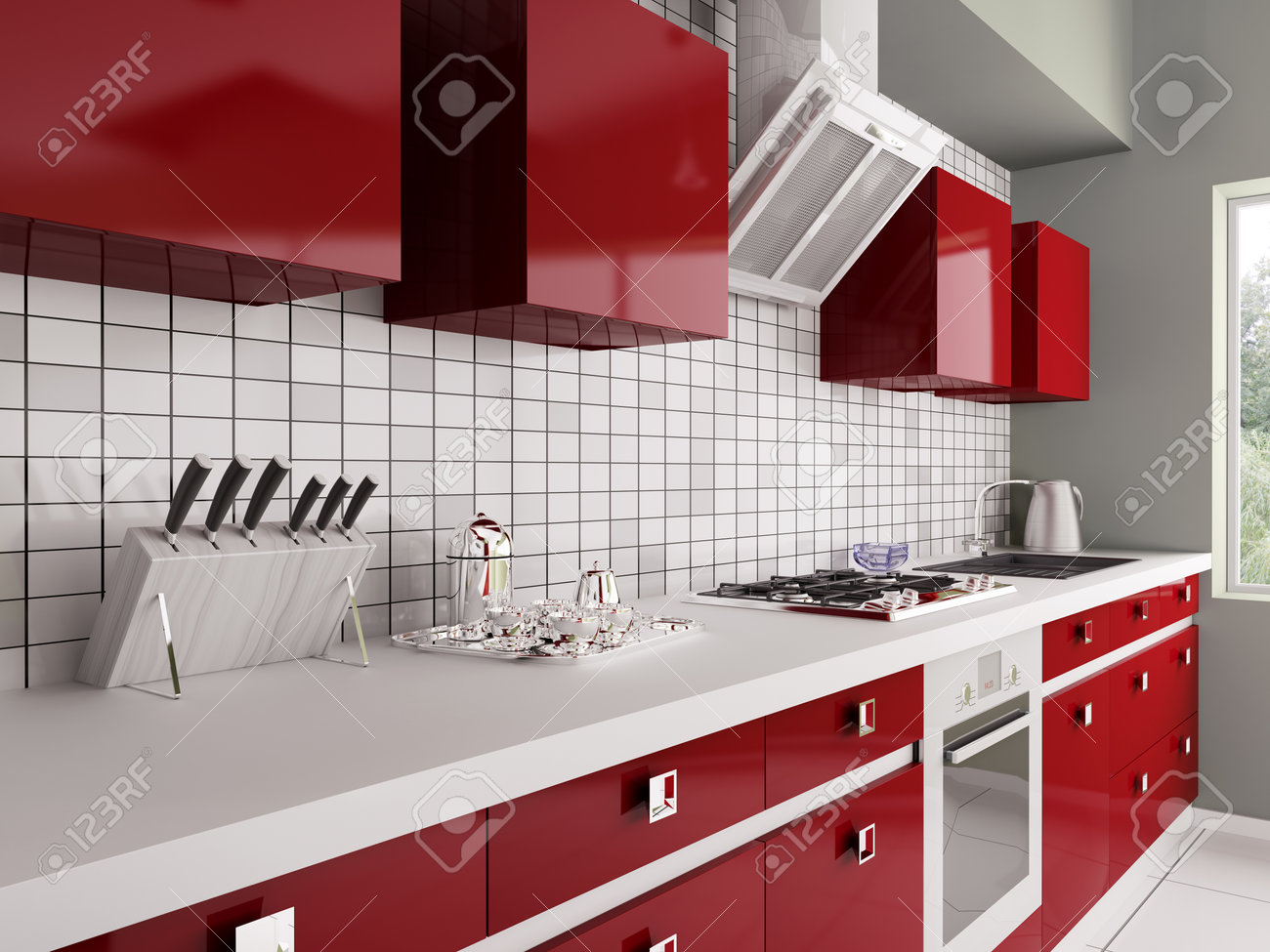 Moderne rode keuken met spoelbak, gasfornuis binnenlandse 3d ... Keuken wit rood