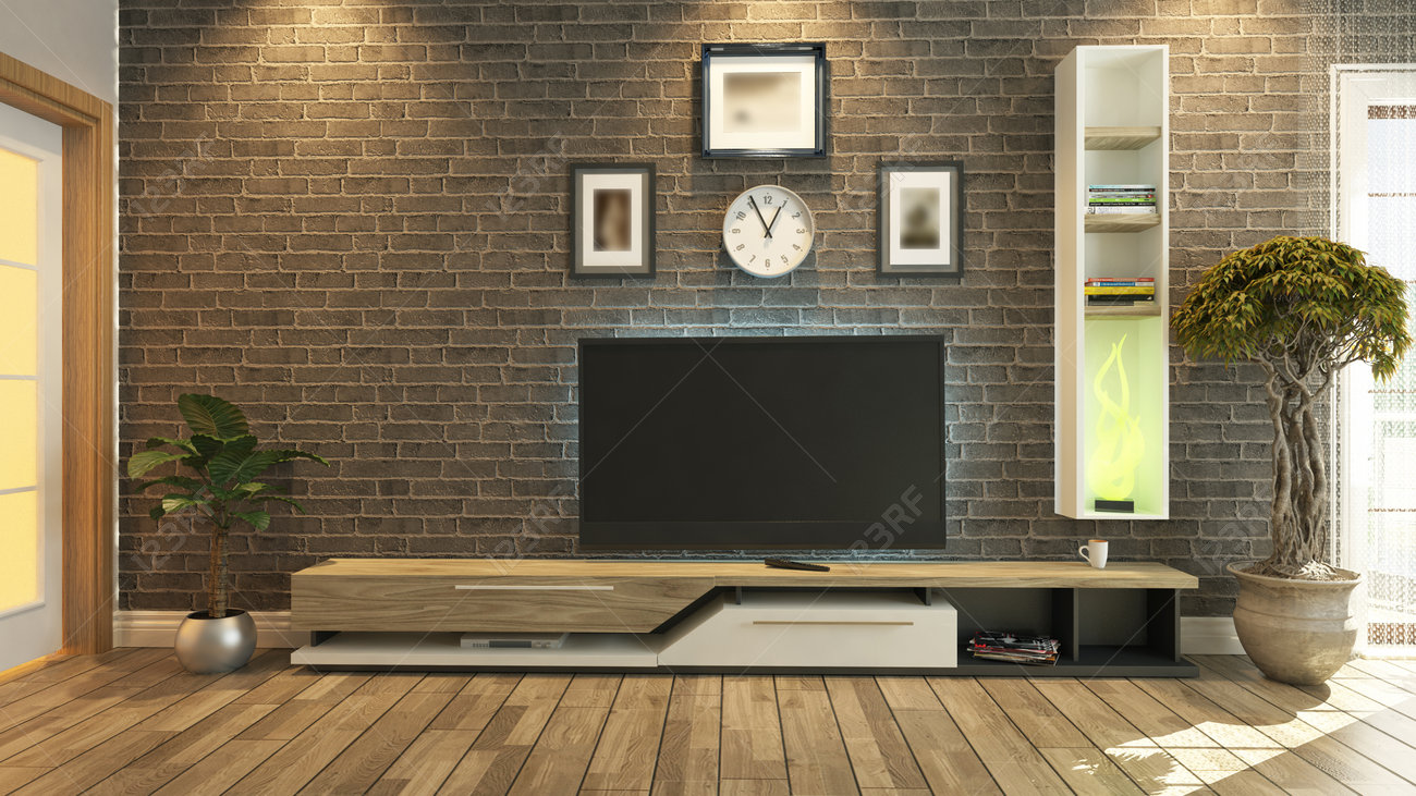 Tv kamer, salon of woonkamer met bakstenen muur planten en tv ...