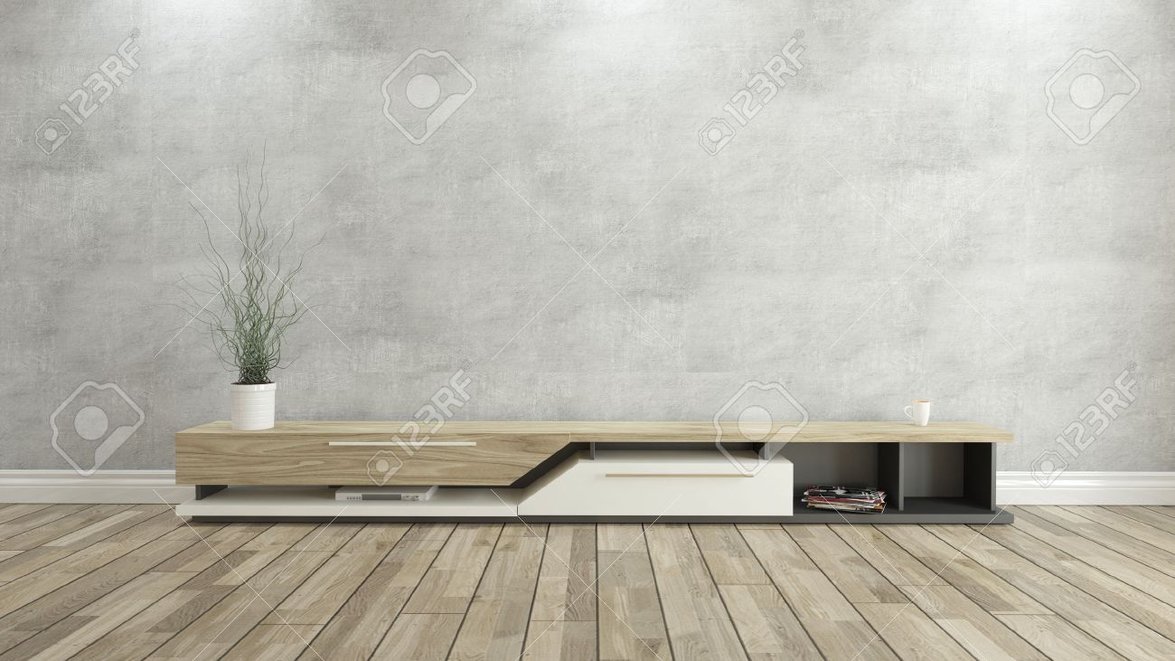 Tv standaard met een betonnen muur en houten parket achtergrond ... Muren ontwerp