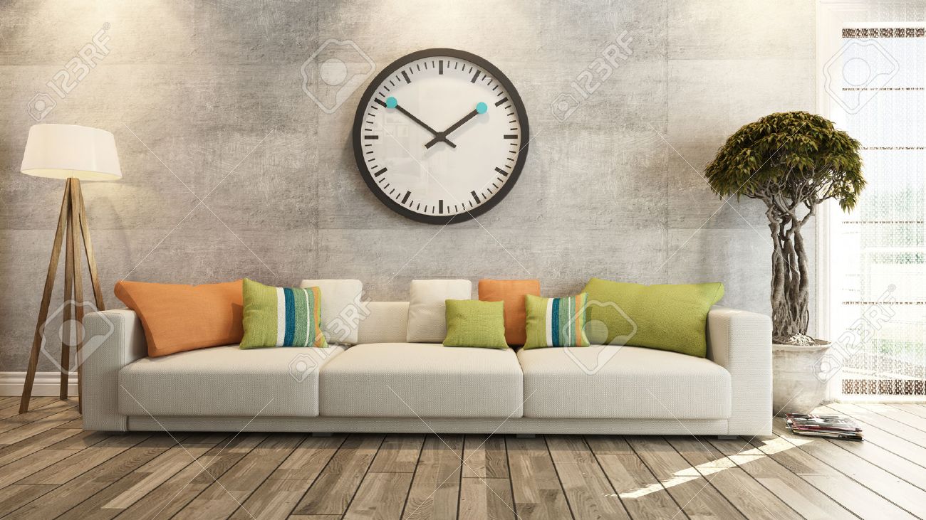 Woonkamer of salon interieur met grote muur horloge 3d rendering ...