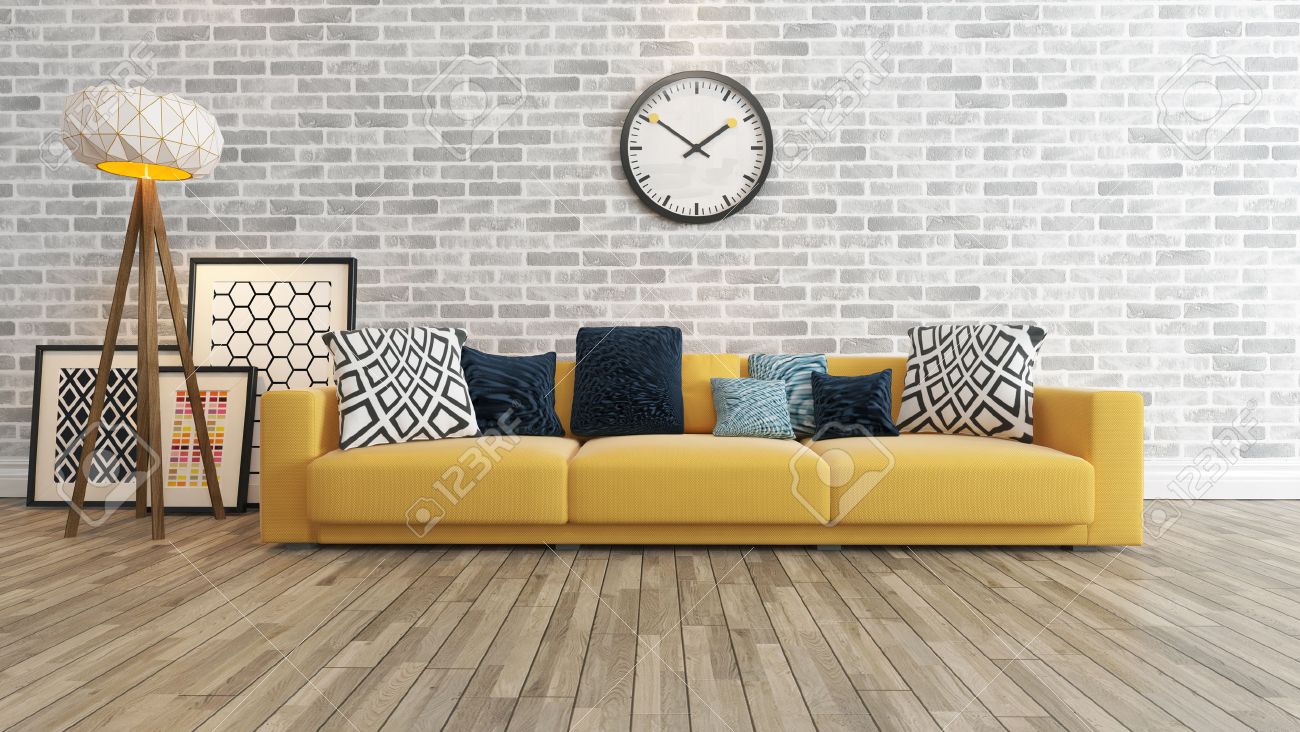 Wohnzimmer oder salon interieur mit groÃen wand gelb sitz oder ...