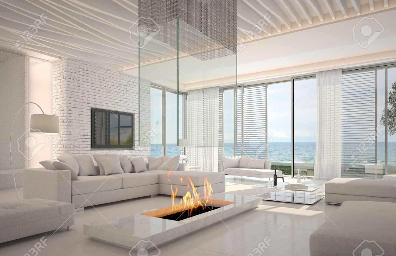 Een 3d rendering van witte woonkamer interieur met open haard ...