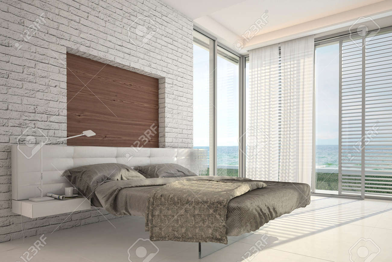 Modern design slaapkamer met kamerhoge ramen en zeegezicht ... Slaapkamer ontwerp correct