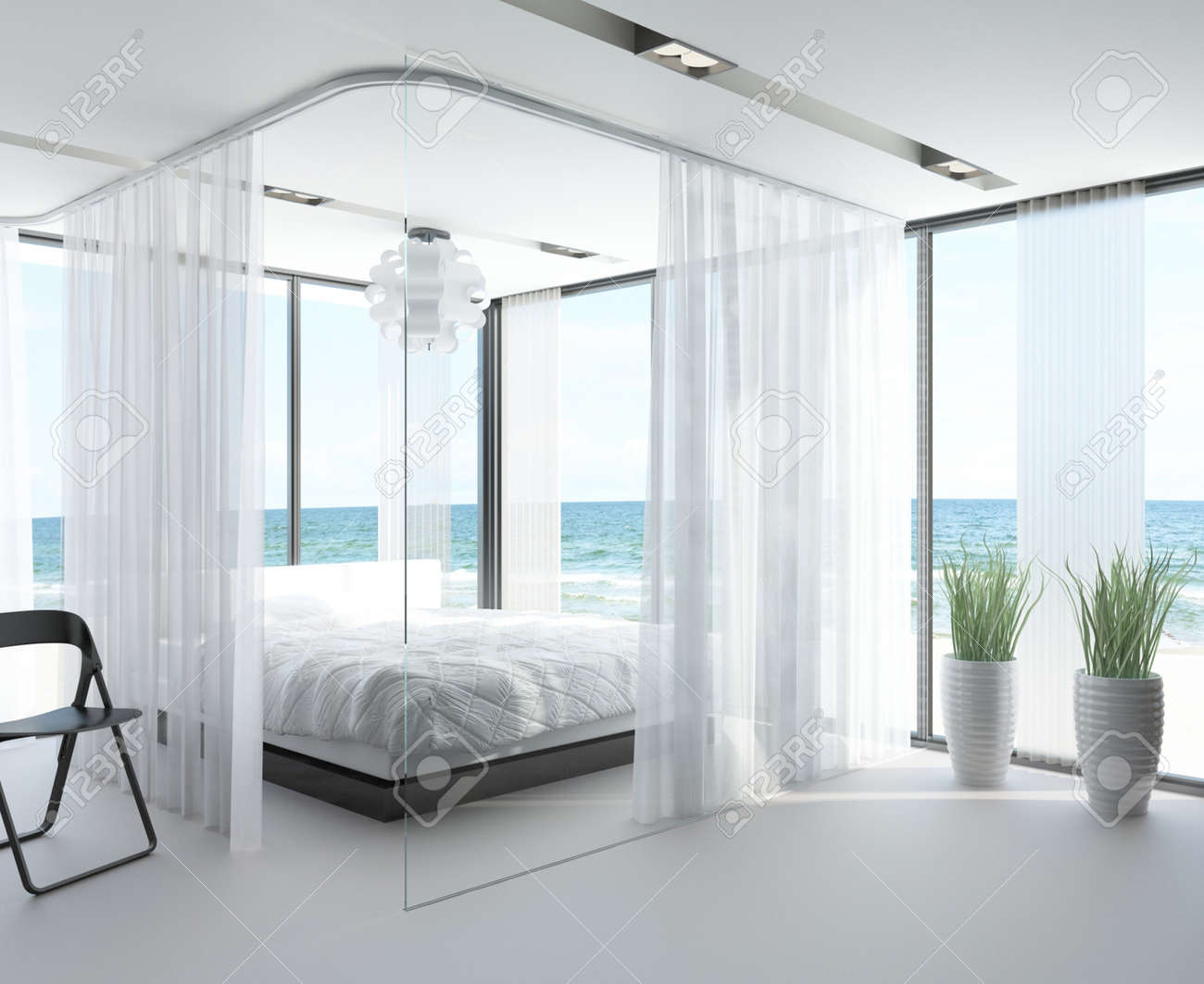 Intérieur moderne de chambre à coucher design avec vue marin ...