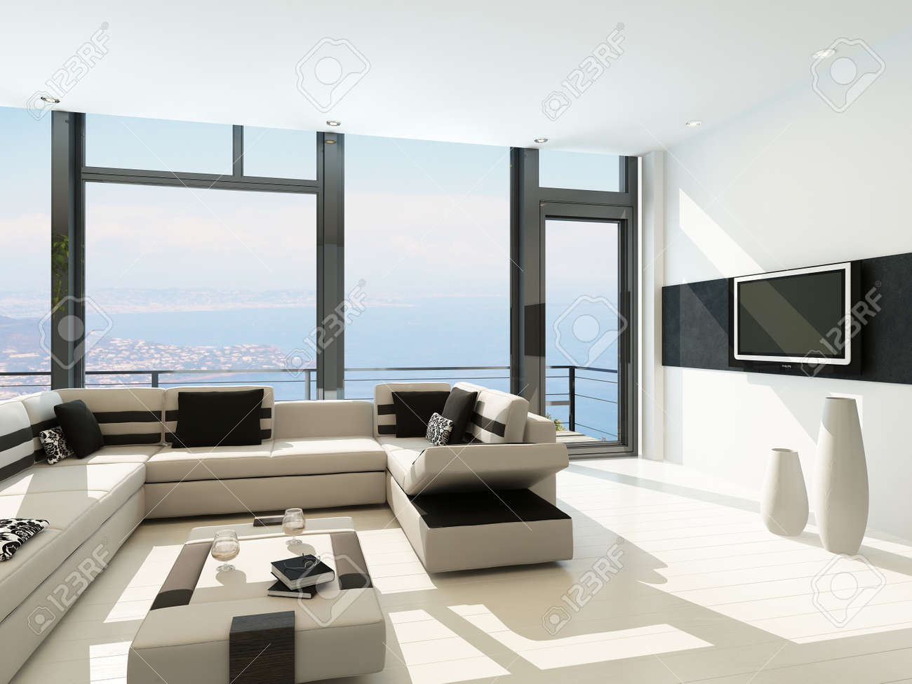 Moderne witte woonkamer interieur met prachtig zeegezicht weergave ...