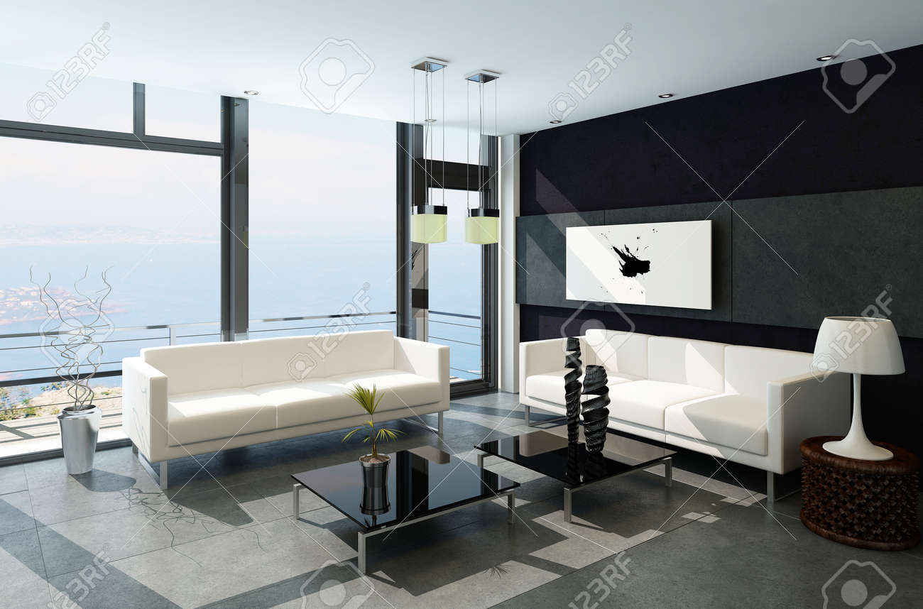Moderne wohnzimmer mit groÃen fenstern und schwarzen steinmauer ...