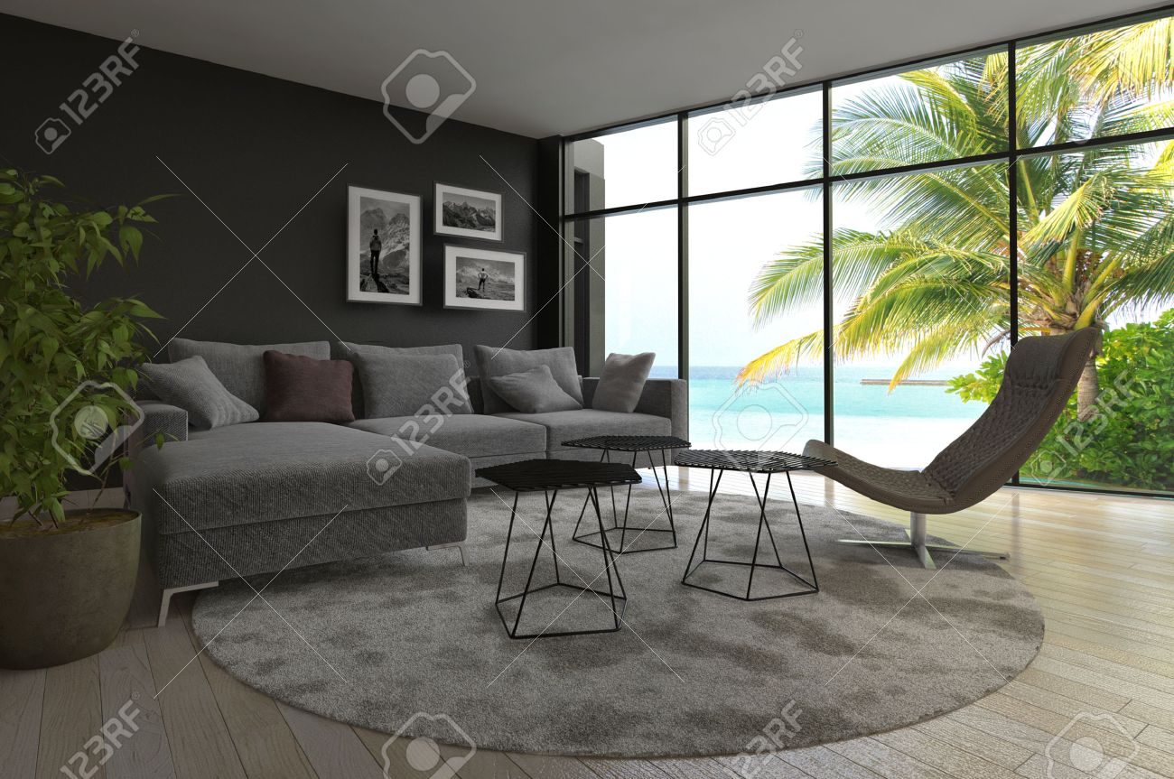 Moderne woonkamer interieur met uitzicht zeegezicht en palmboom ... Slaapkamer donker meubilair