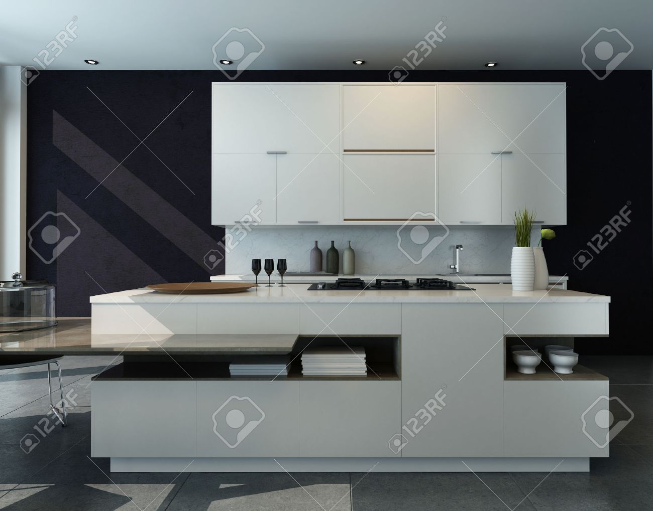 Zwart en wit keuken interieur met moderne meubels royalty vrije ...