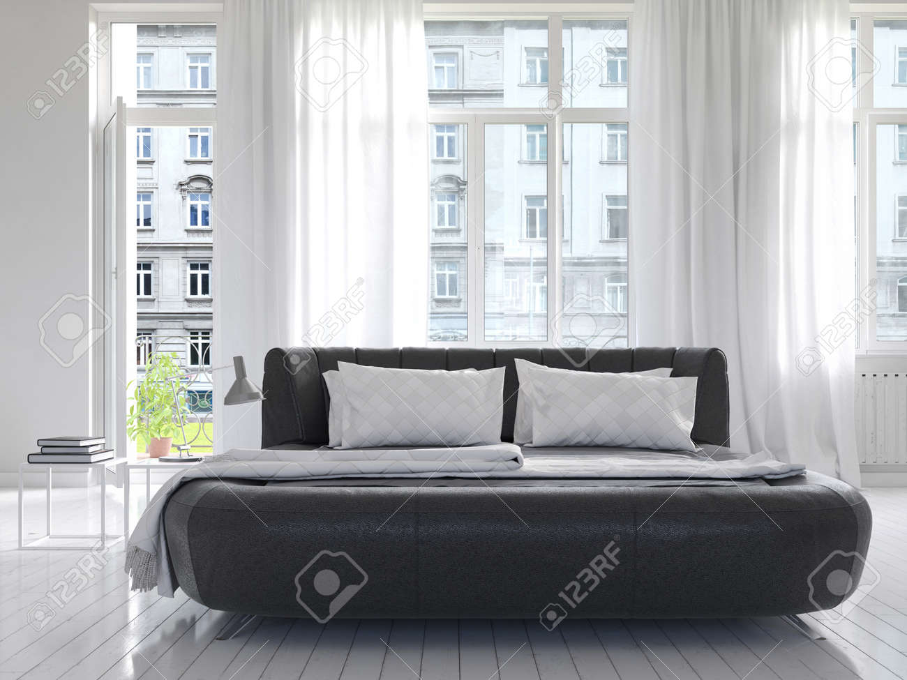 Modern lyx vit soligt sovrum inredning med svart king size säng ...