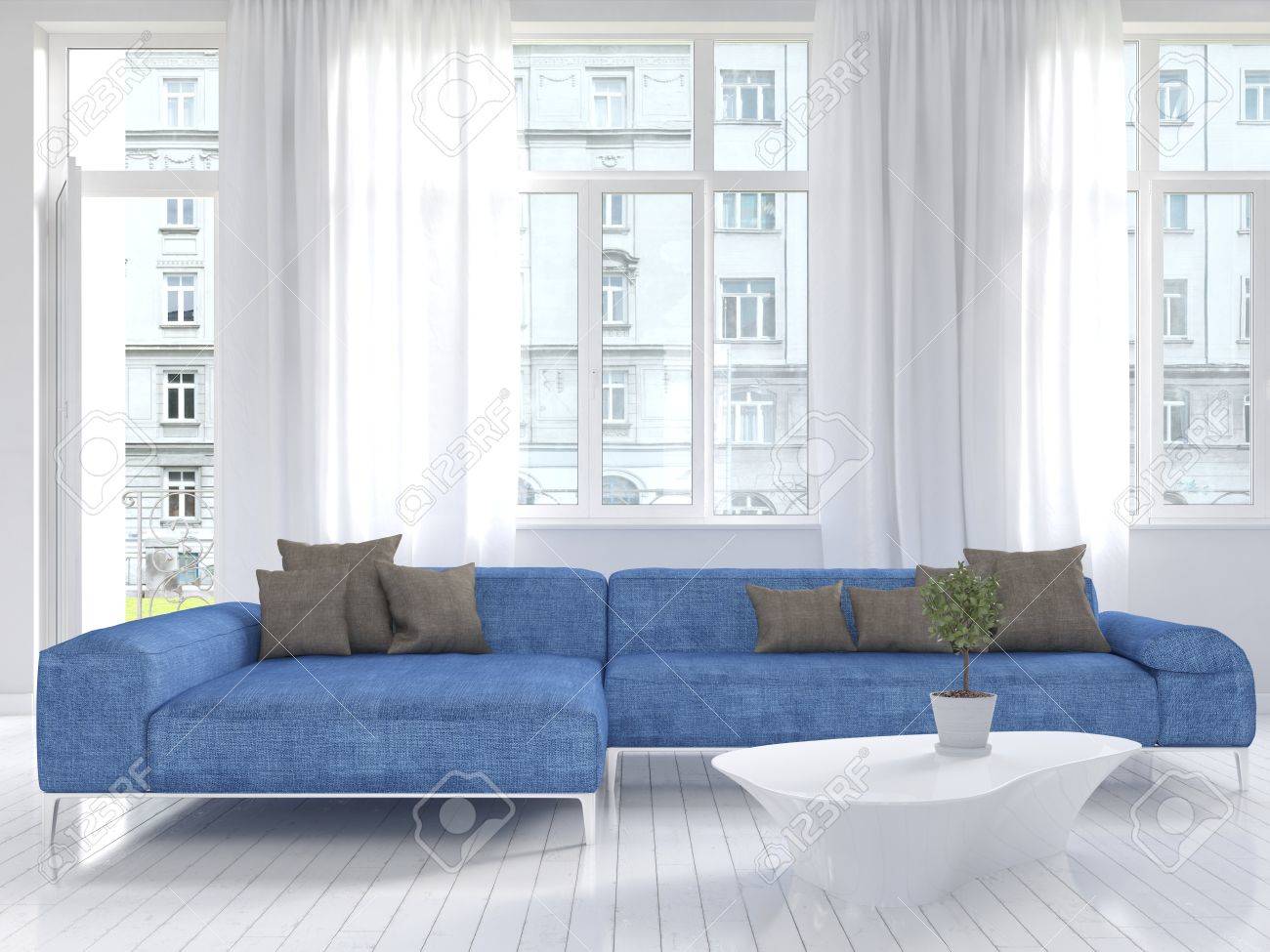Foto van witte woonkamer interieur met blauwe bank royalty vrije ...