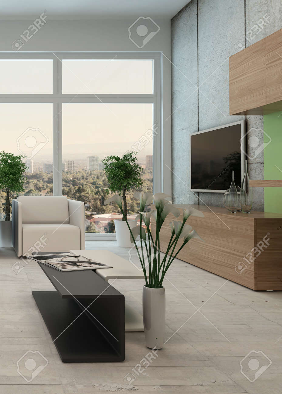 Licht, fris modern appartement woonkamer interieur met een vloer ...