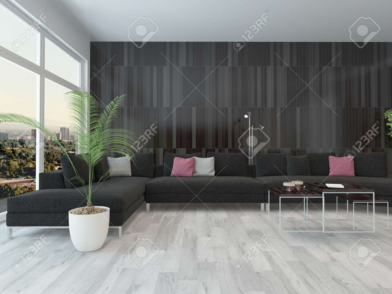 Woonkamer interieur met zwarte bank, salontafel en donkere houten ... Woonkamer houten