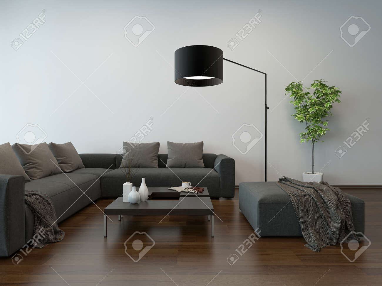 Vardagsrum inredning med grå soffa, soffbord och golvlampa royalty ...