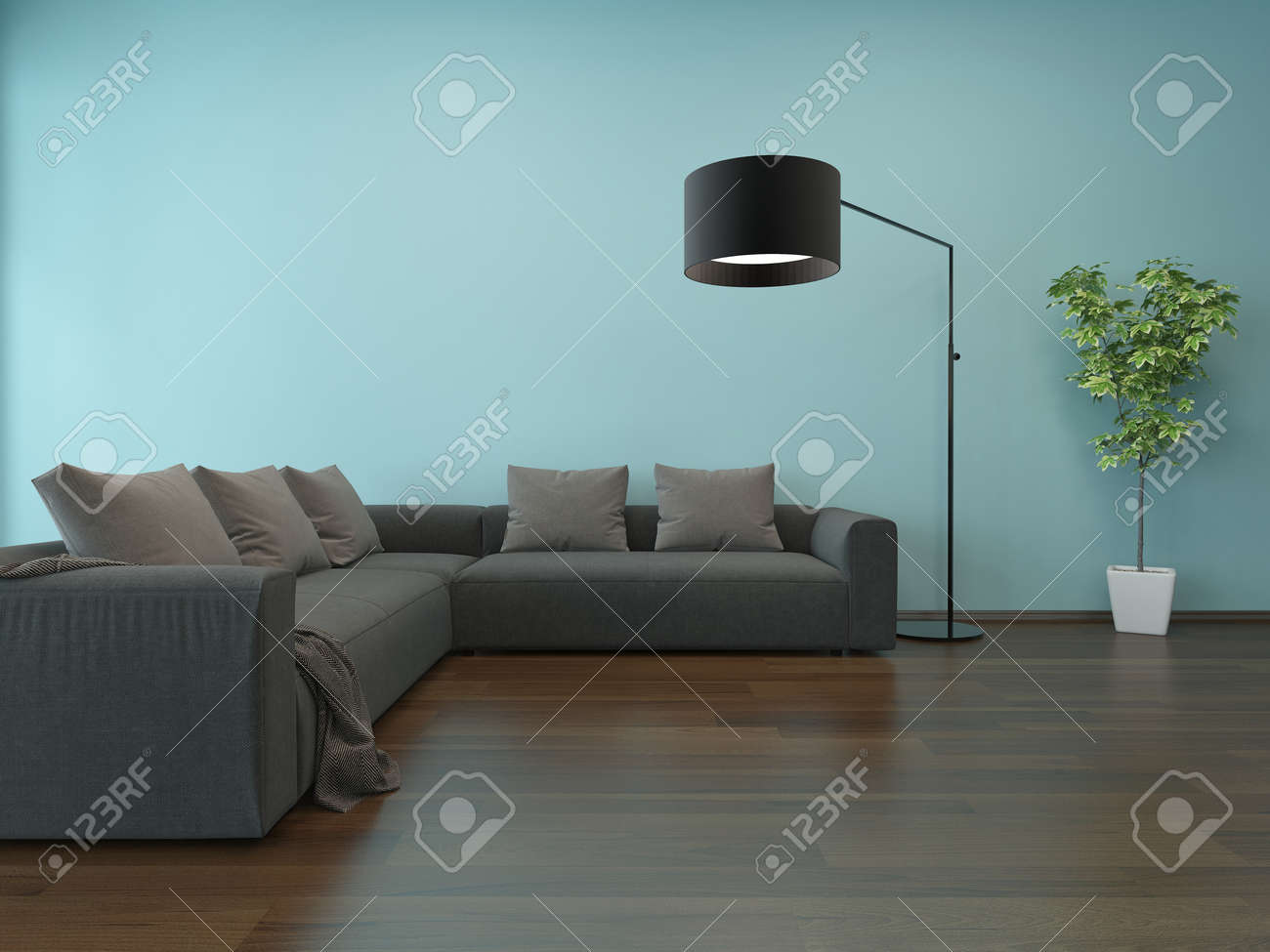 Vivre intérieur de la chambre avec le mur bleu, canapé gris et ...