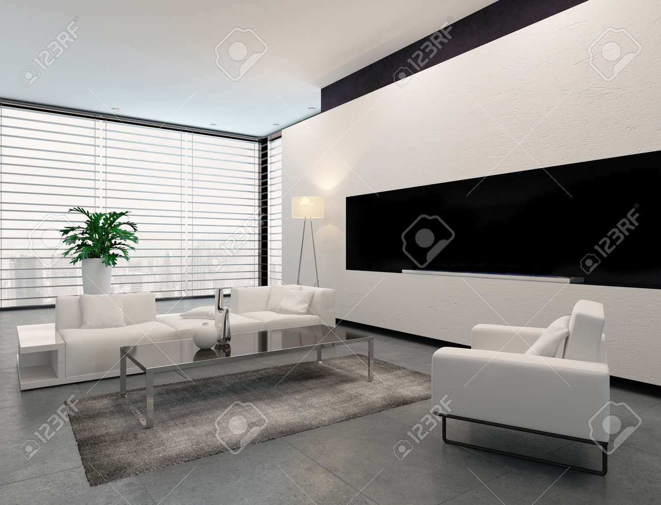 Moderne woonkamer interieur in wit, grijs en zwart in ...