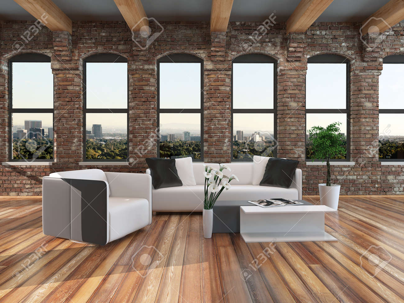 Moderne loft stijl woonkamer interieur met een parketvloer, balken ...