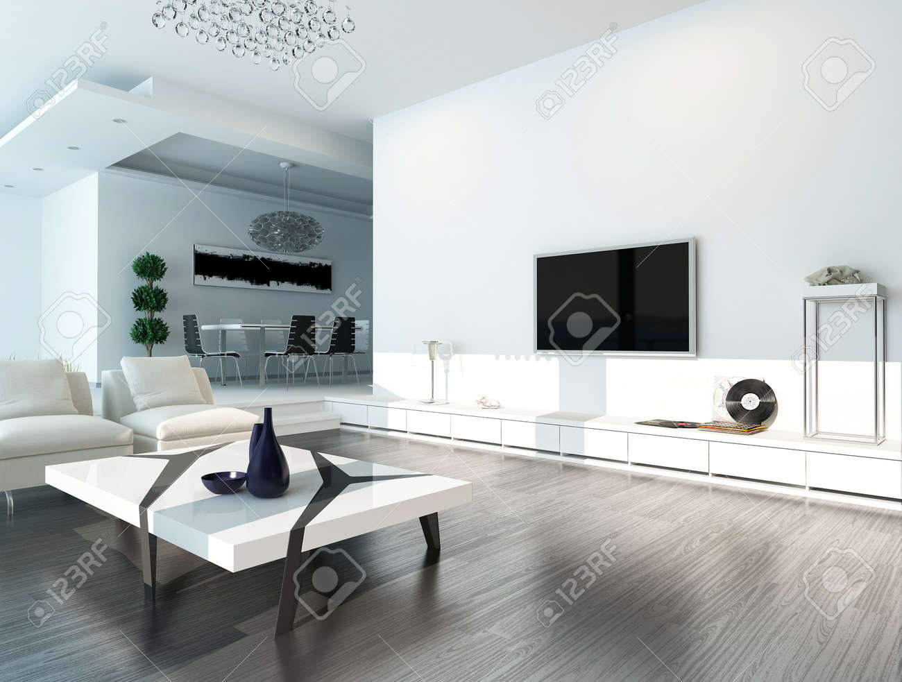 Modern design vardagsrum inredning med vit soffa och soffbord ...
