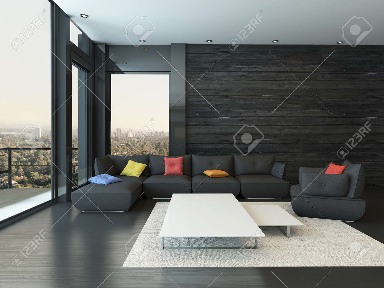 Zwart stijl woonkamer interieur met een bank met kleurrijke ...