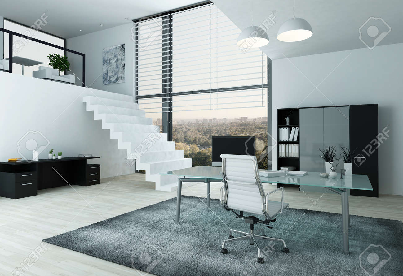 Modern Home Office Interior With Desk, hair nd Mezzanine Stock ... Modern Home Office Interior With Desk, hair nd Mezzanine Stock ... - ^