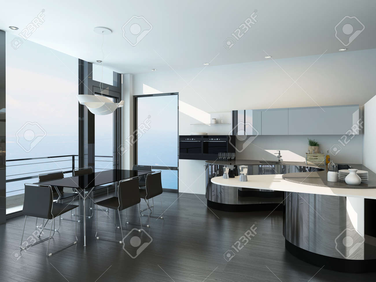 Noir de luxe moderne et l'intérieur de la cuisine de style blanc ...