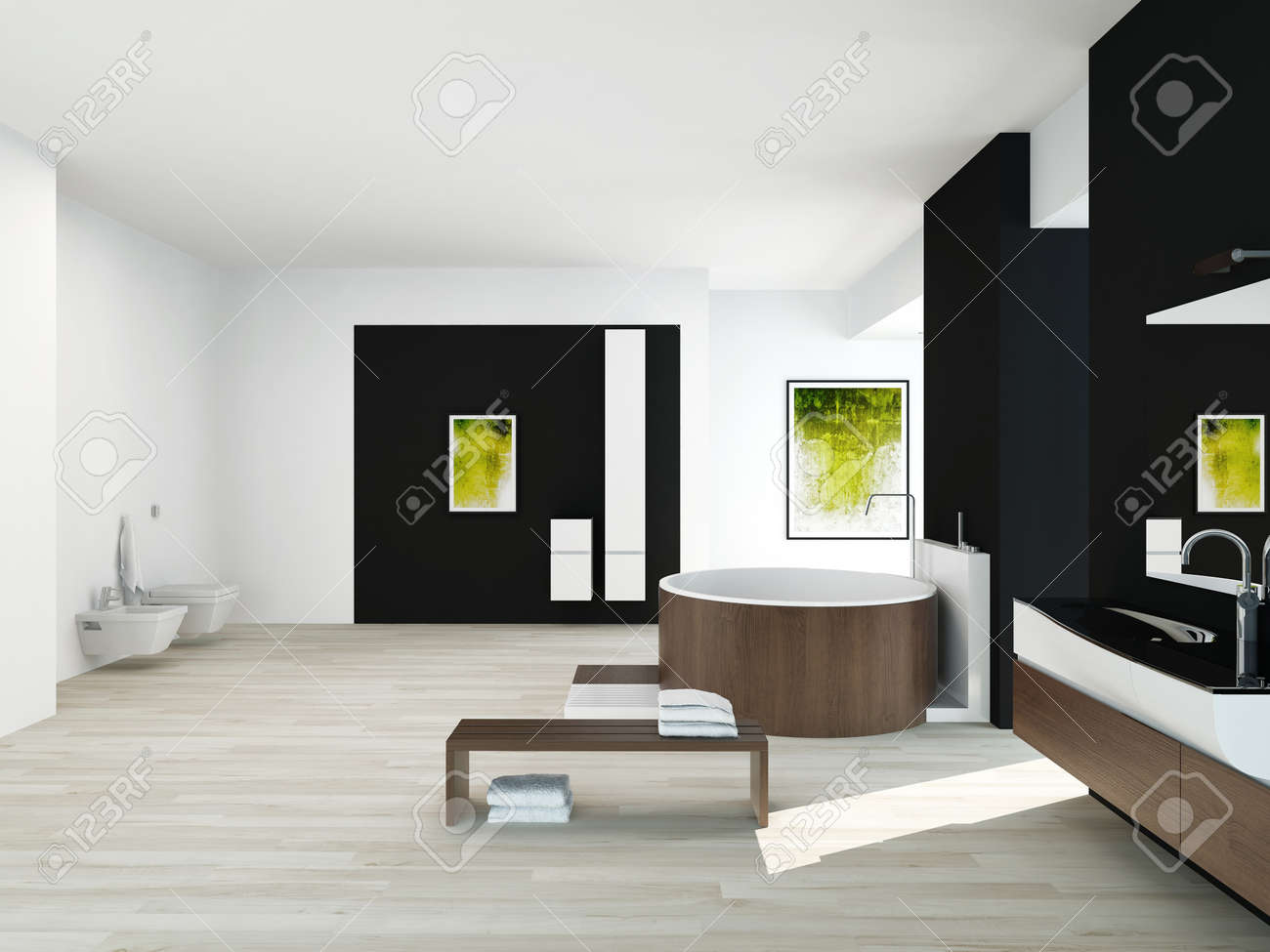 Intérieur de salle de bains moderne avec un mur noir, peinture ...