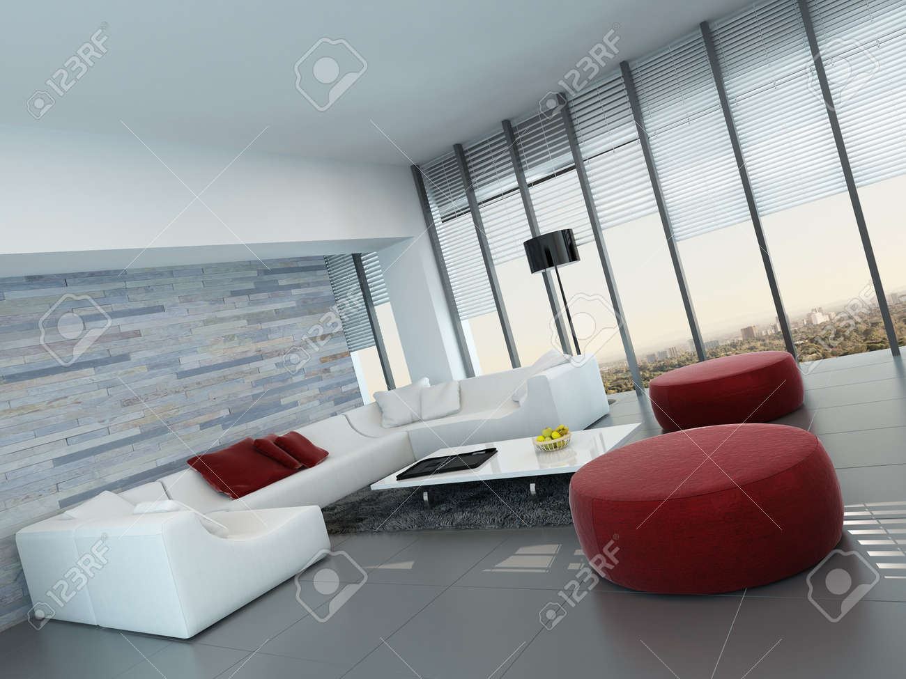 Mooie woonkamer interieur met een witte bank met rode kussens en ... Woonkamer ontwerp rode