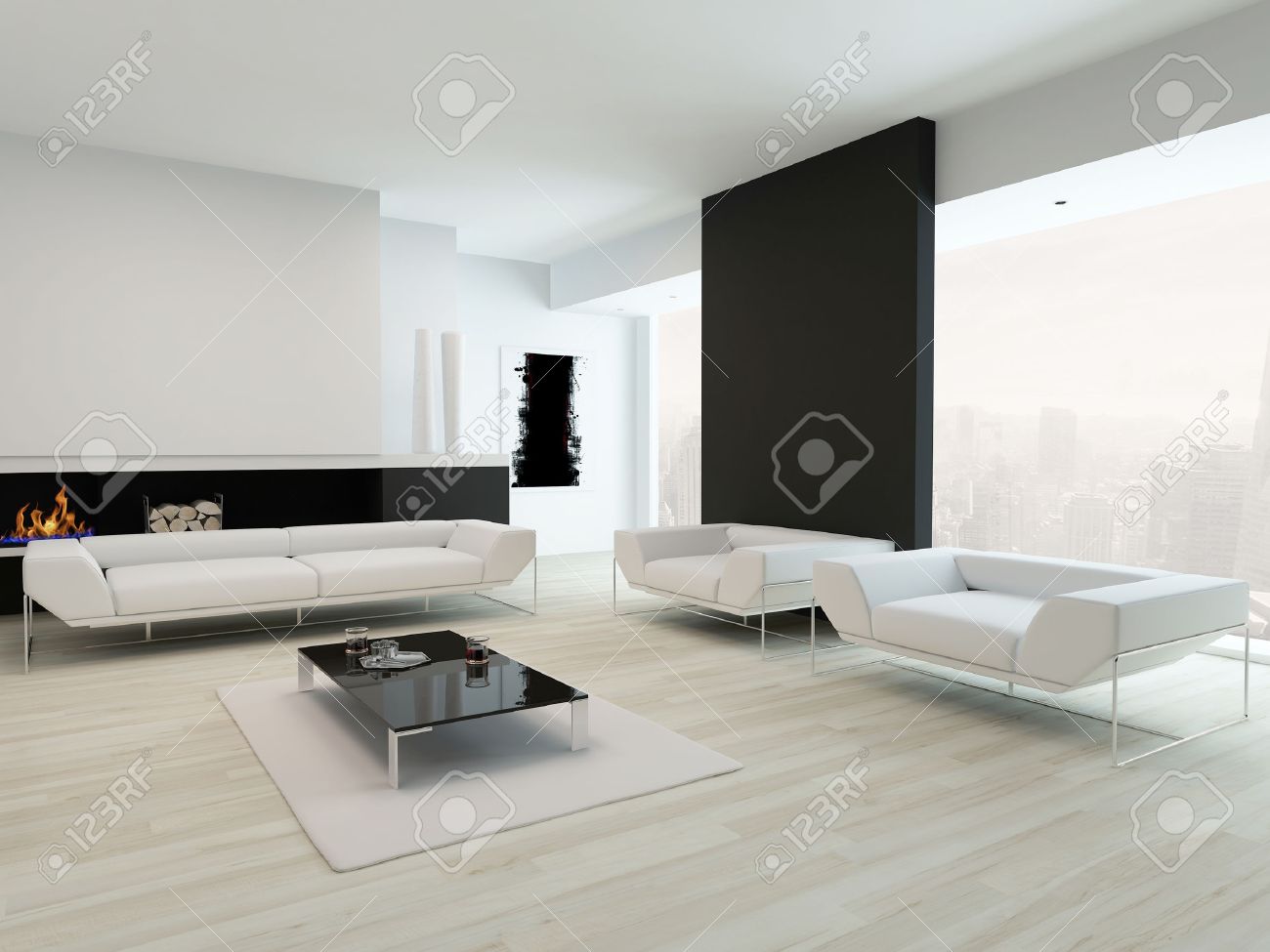Moderne eigentijdse zwart wit woonkamer interieur royalty vrije ...
