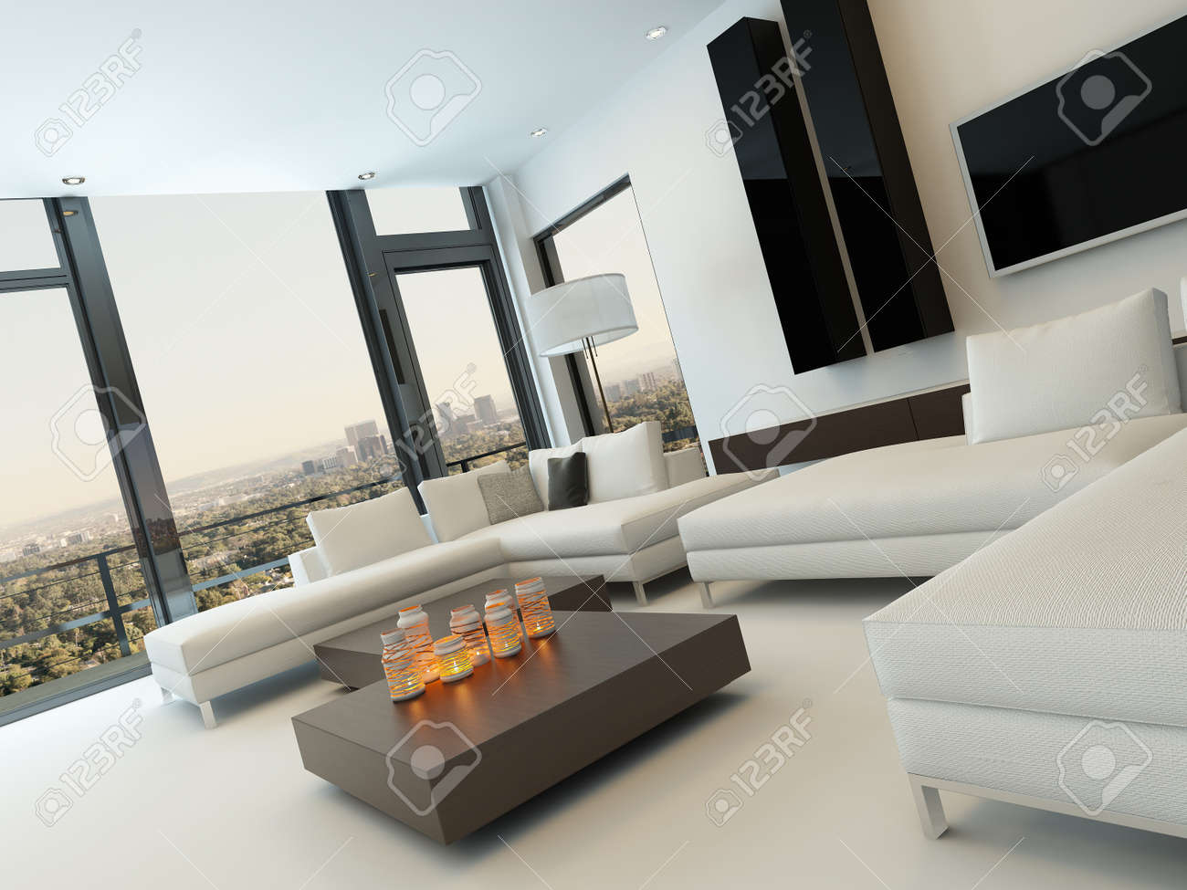 Design moderne ensoleillée intérieur salon avec canapé blanc ...