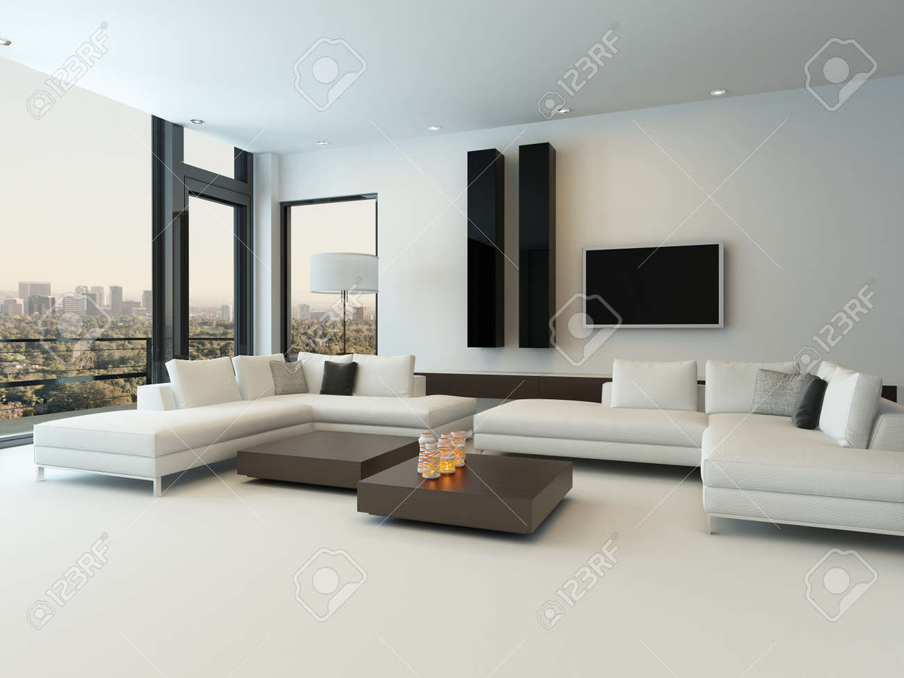Modern design zonnige woonkamer interieur met een witte bank ...