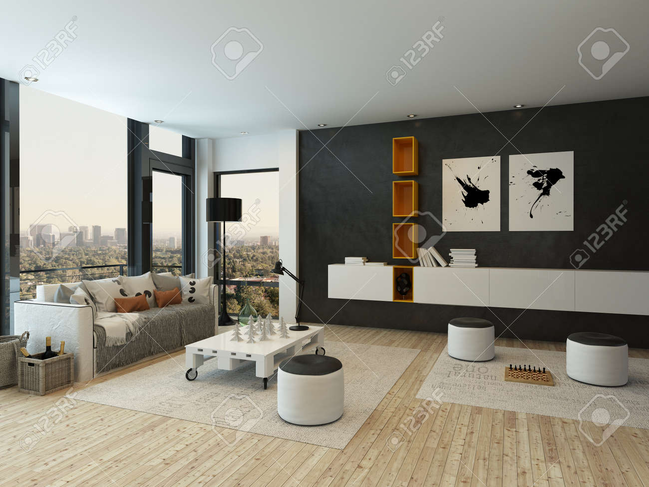 Mooie woonkamer interieur met witte en oranje kast royalty vrije ...