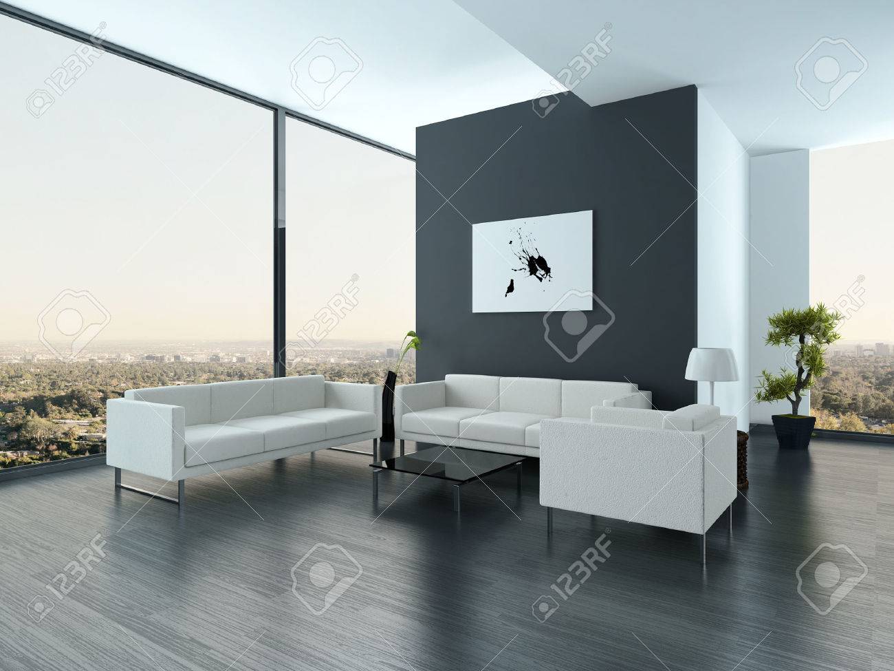 Mooie witte en grijze stijl woonkamer interieur met grote ramen ...