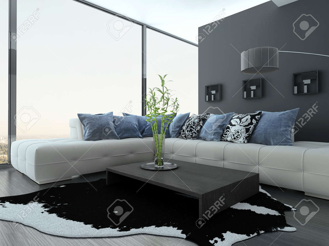 Moderne wohnzimmer interieur mit weiãÿen couch und blauen kissen