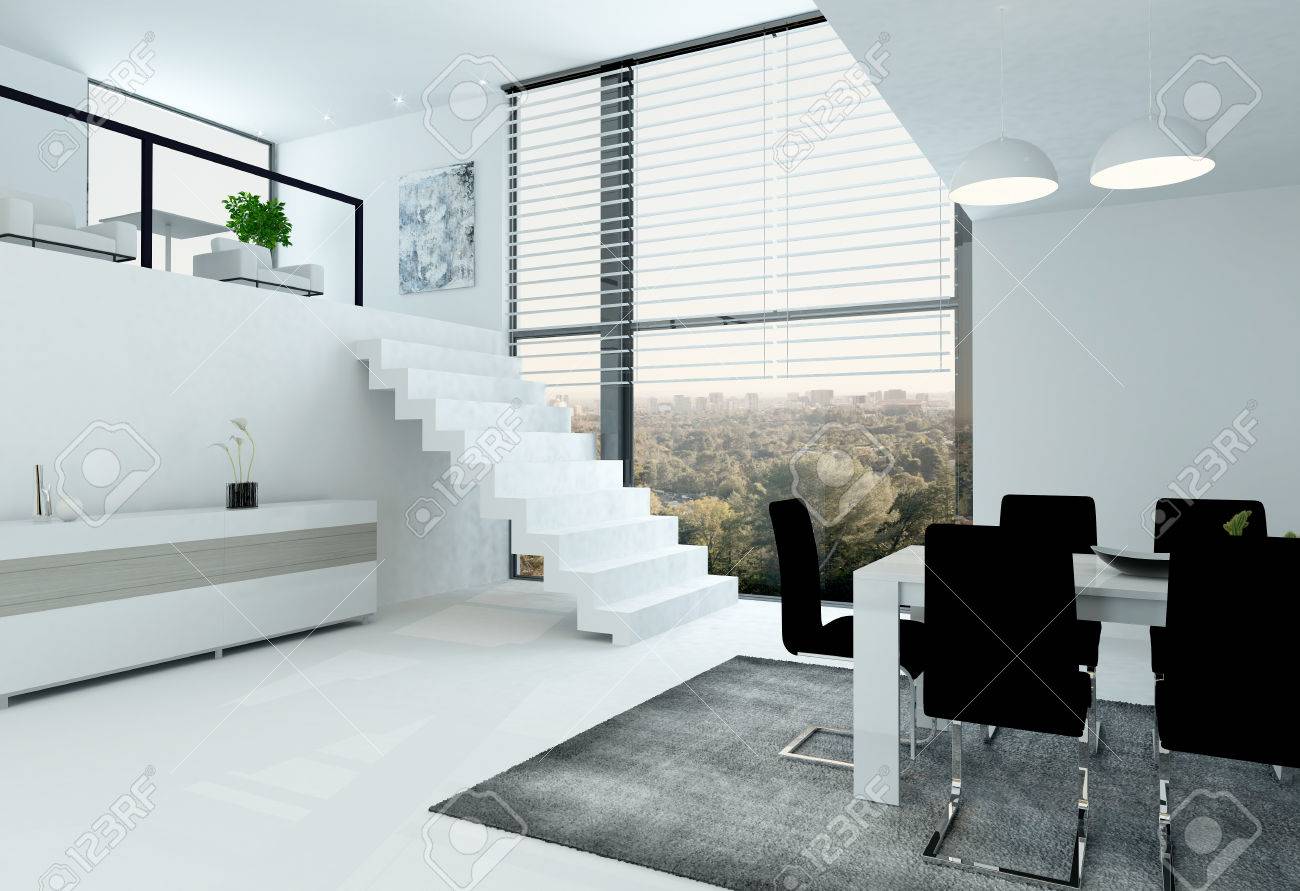 Witte kamer interieur met mezzanine en een eettafel royalty vrije ...