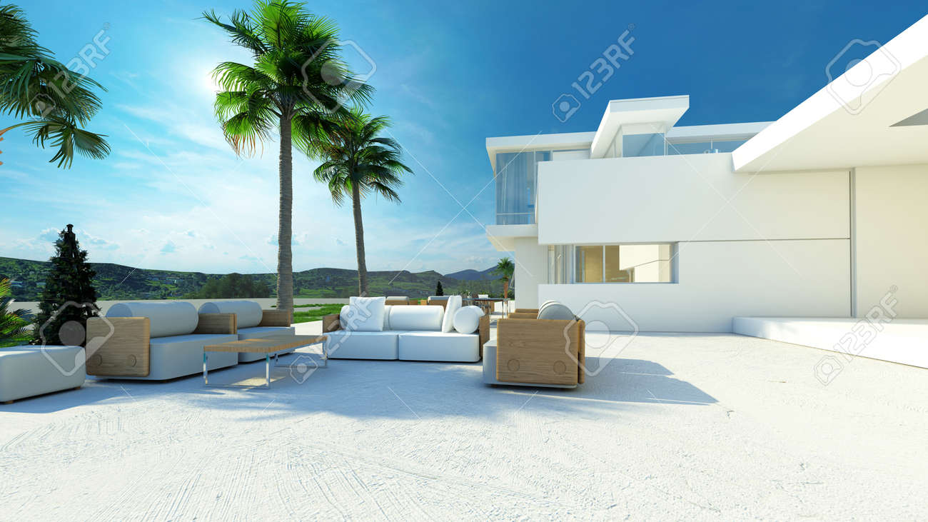 Outdoor betegeld terras woonkamer met comfortabele meubels in de ...