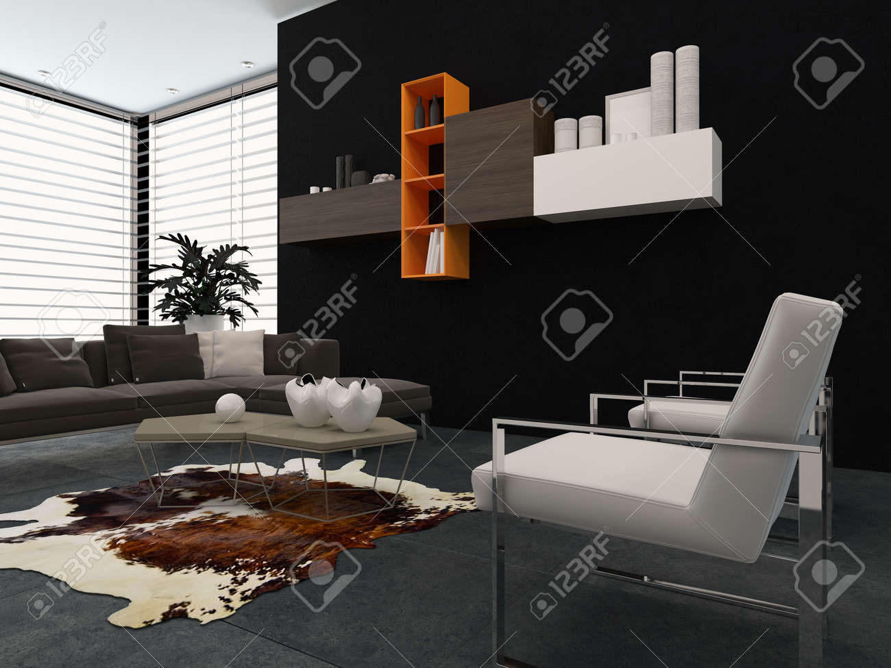 Salon moderne avec des fauteuils contemporains, un canapé ...
