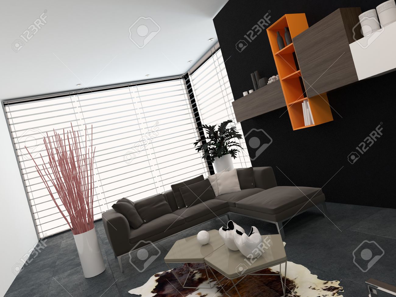 Moderne woonkamer met een glazen muur bedekt door een blinde ...