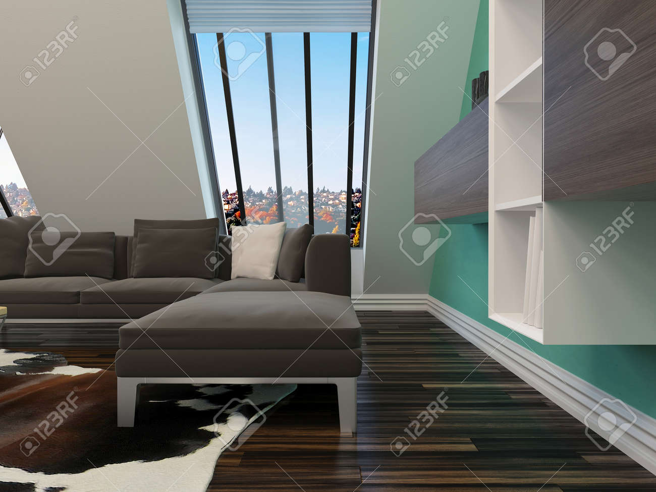 Moderne woonkamer interieur met een schuine wand met ramen ...