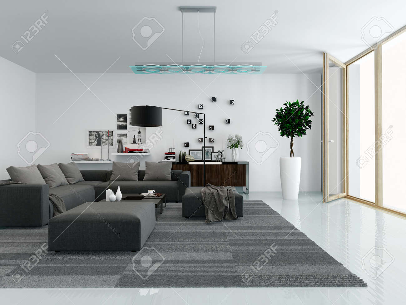 Moderne woonkamer interieur met een comfortabele gestoffeerde ...