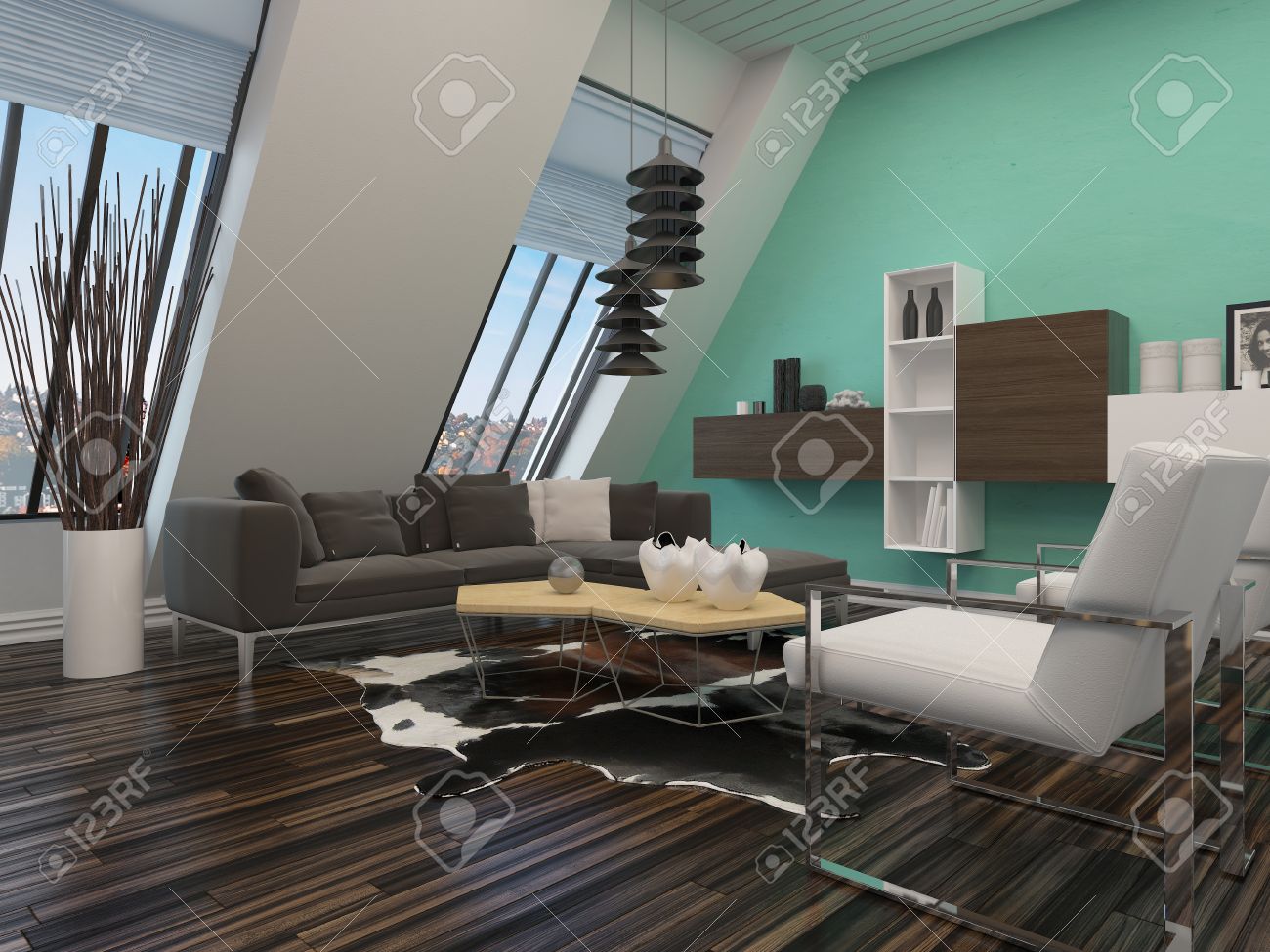 Moderne woonkamer interieur met een schuine wand met ramen ...