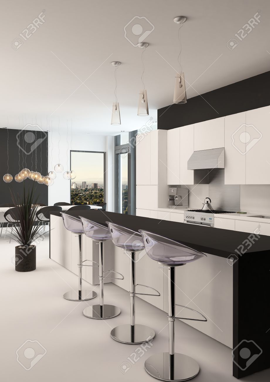 Moderne zwarte en witte keuken met een lange terugwijkende bar met ...