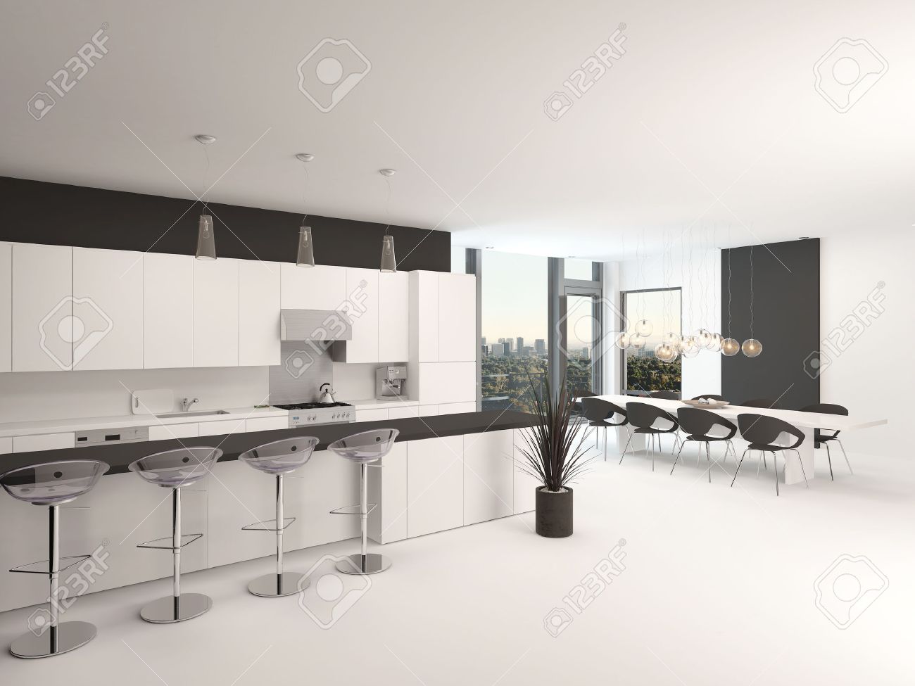 Ouverte, cuisine, intérieur noir et blanc moderne avec un comptoir ...