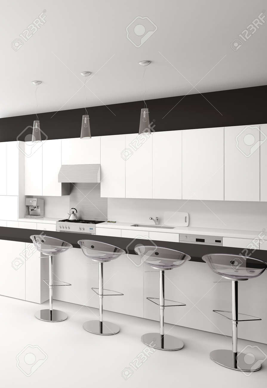 Moderno open space in bianco e nero interior cucina con bancone e ...