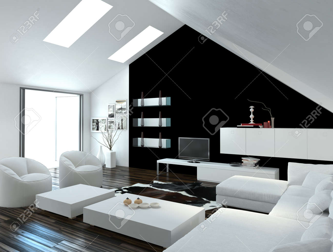 Moderne compacte loft woonkamer interieur met dakramen in het ...