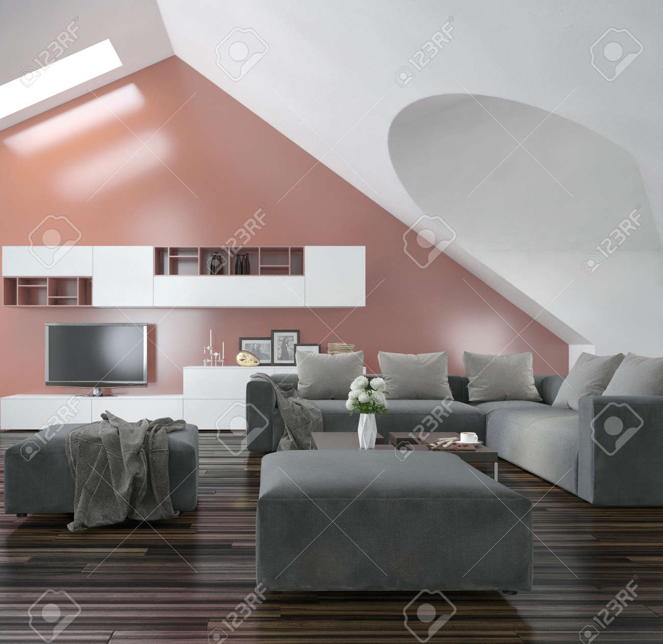 Salon moderne avec murs et le plafond en pente faîtières avec ...