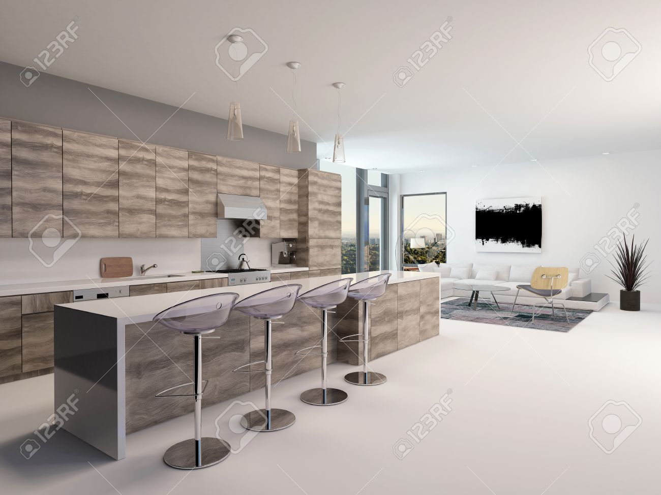 Intérieur en bois de cuisine ouverte de style rustique avec un ...