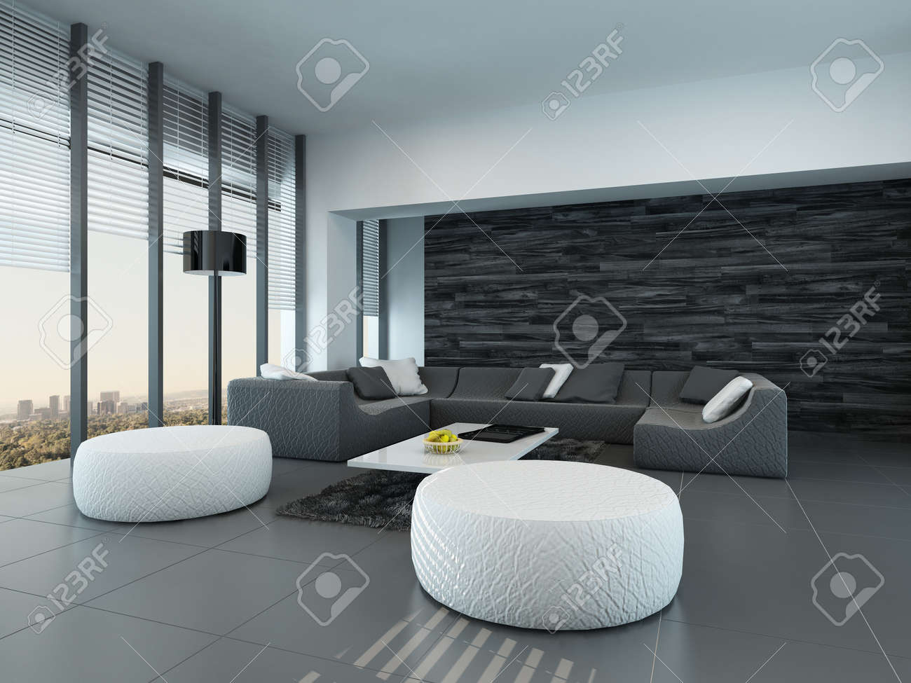 Gekanteld perspectief van een moderne grijze en witte woonkamer ...