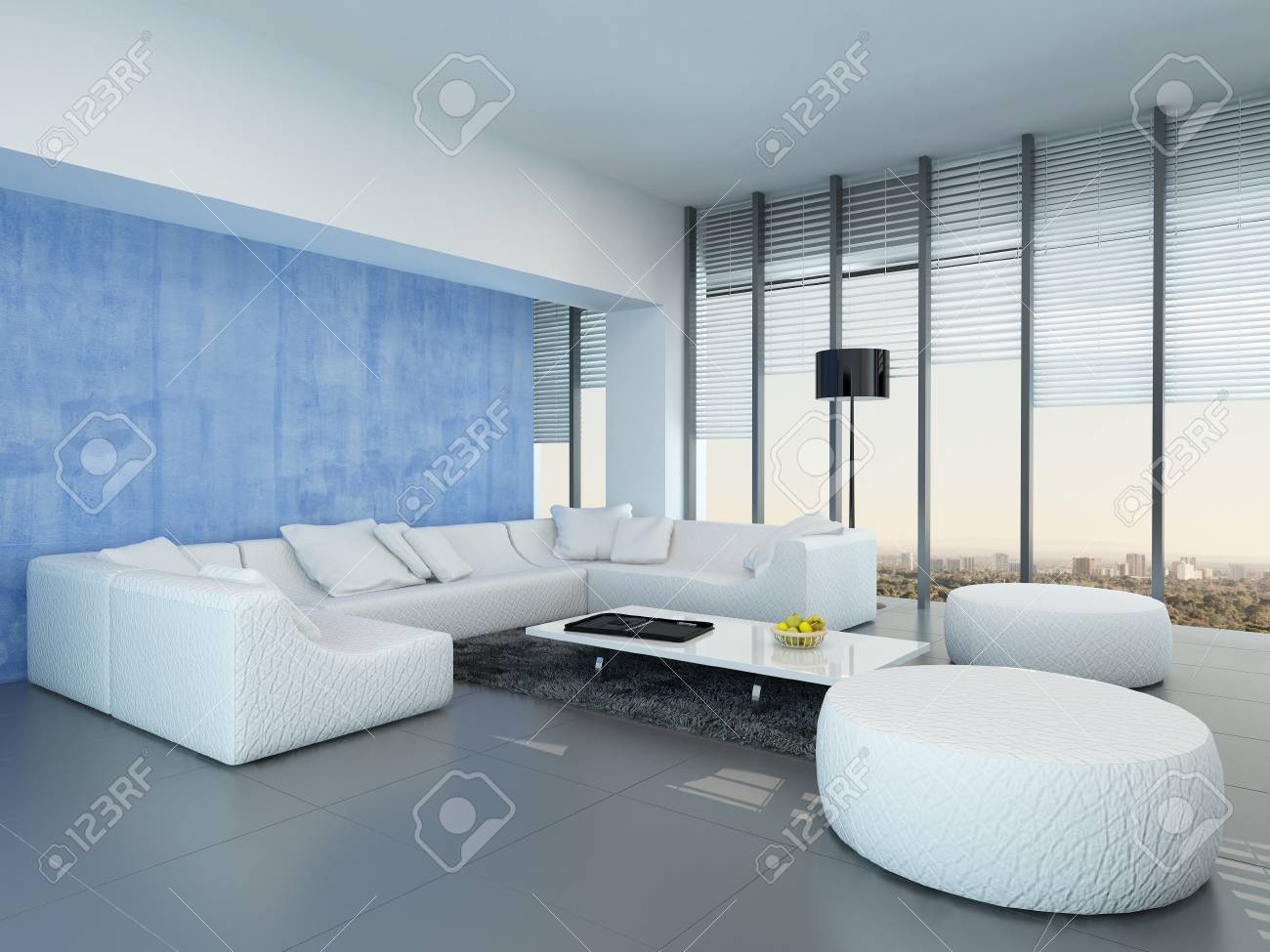Eigentijds grijs, blauw en wit woonkamer interieur met een ...