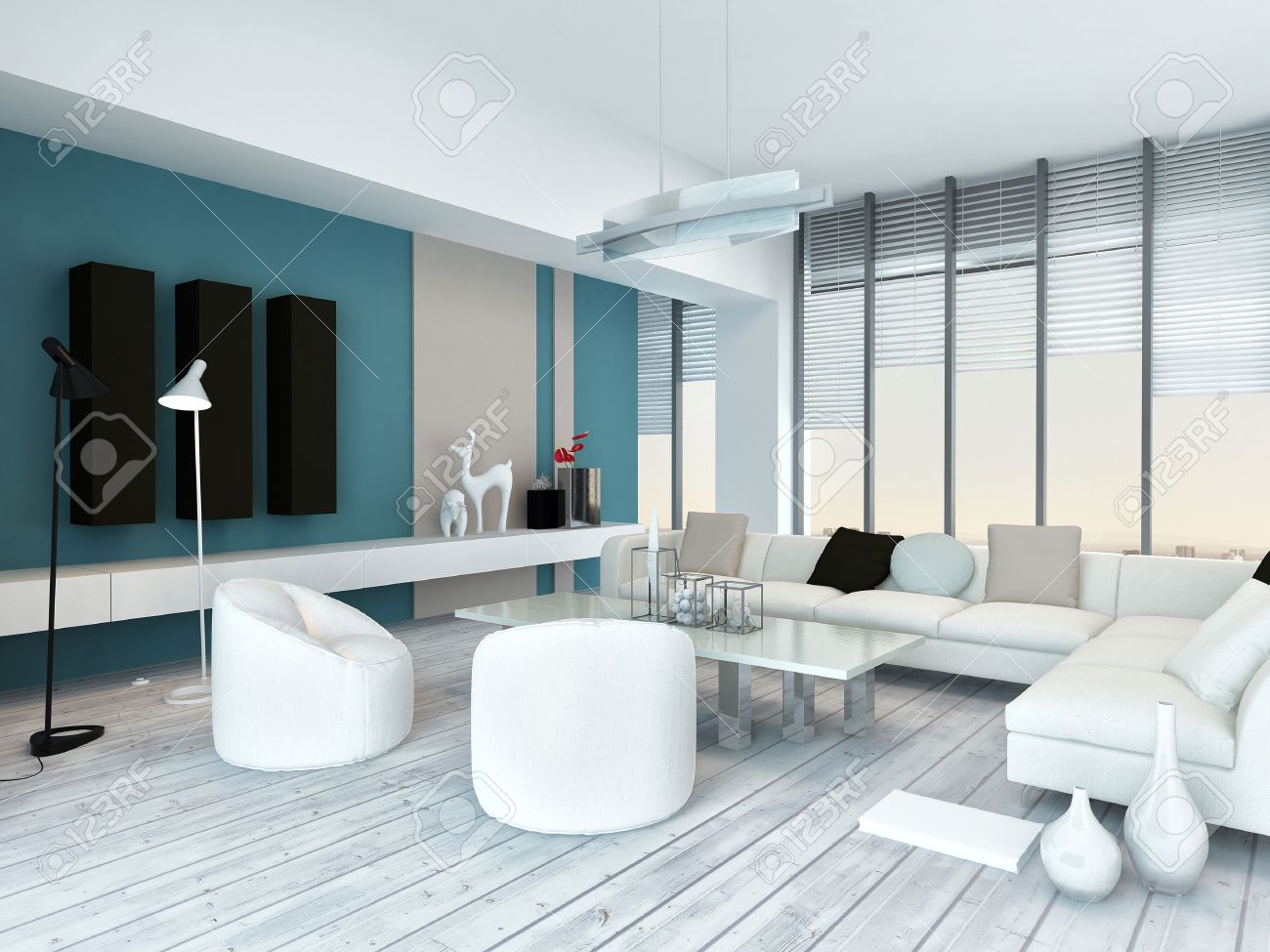 Koele blauwe en witte moderne woonkamer inyerior met wit ...